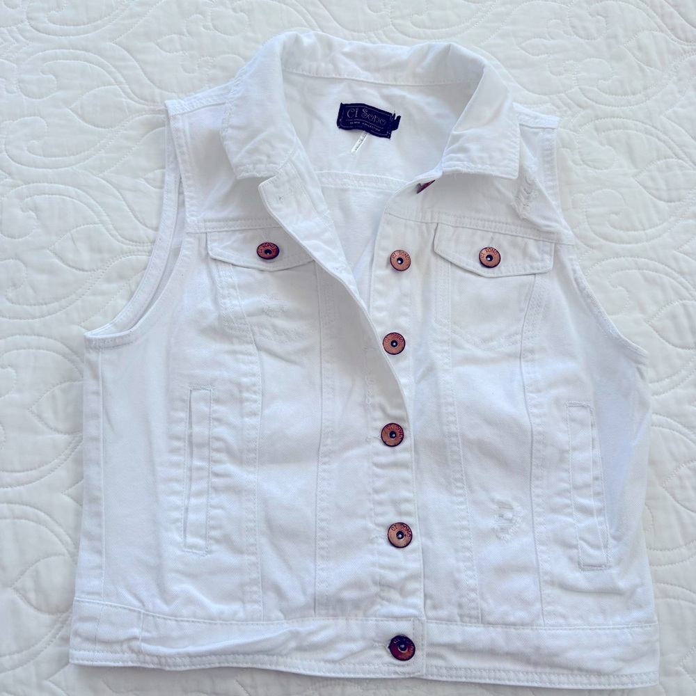 Ci Sono White Distressed Cotton Denim Jean Vest Button Details Women’s Large EUC - Picture 3 of 13